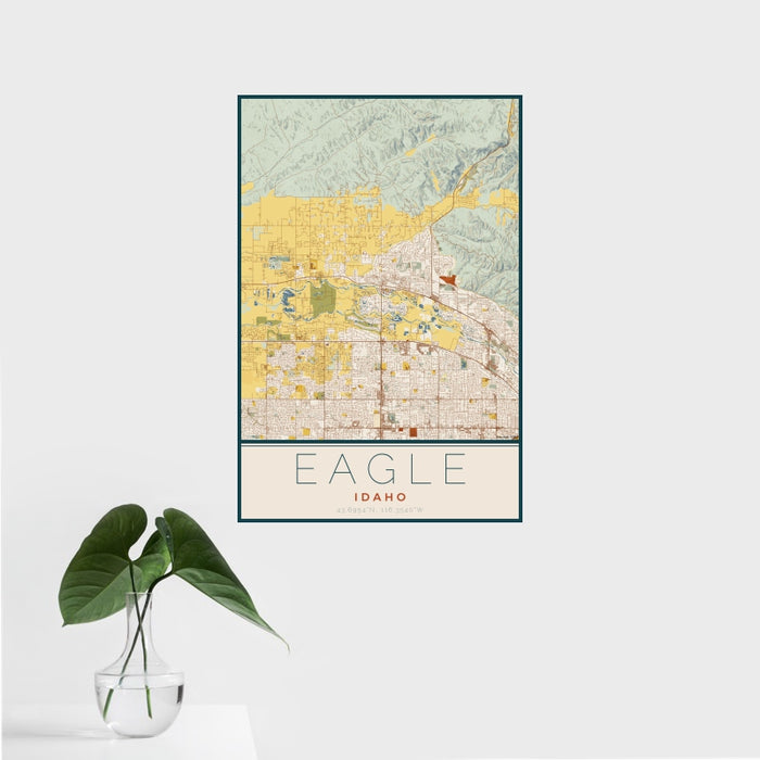16x24 Eagle Idaho Map Print Portrait Orientation in Woodblock Style With Tropical Plant Leaves in Water