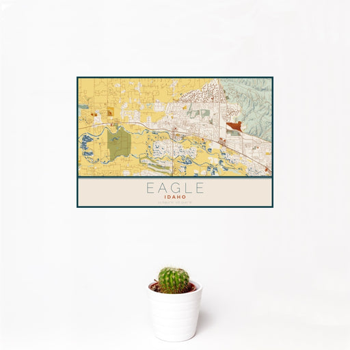 12x18 Eagle Idaho Map Print Landscape Orientation in Woodblock Style With Small Cactus Plant in White Planter