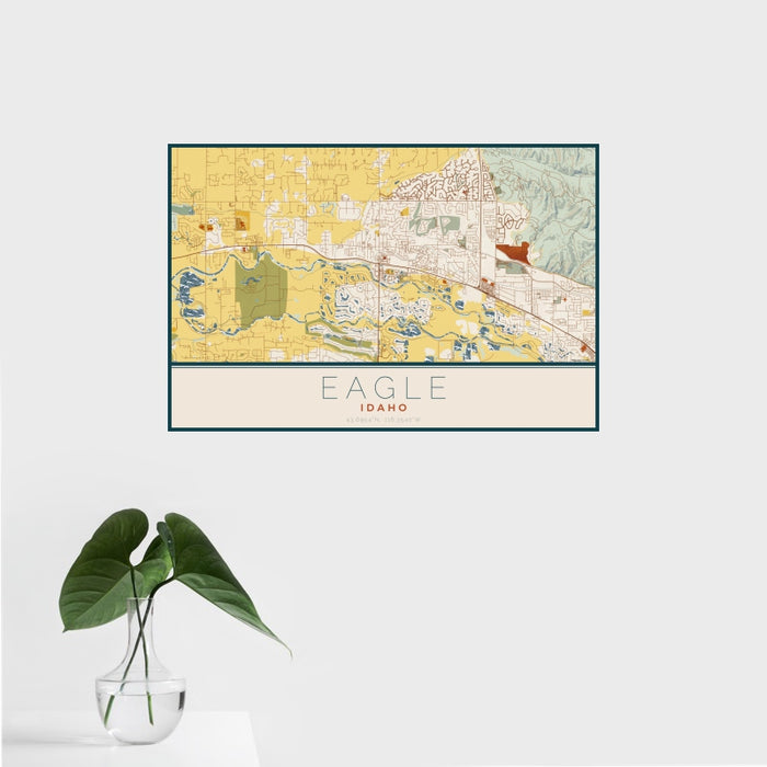 16x24 Eagle Idaho Map Print Landscape Orientation in Woodblock Style With Tropical Plant Leaves in Water