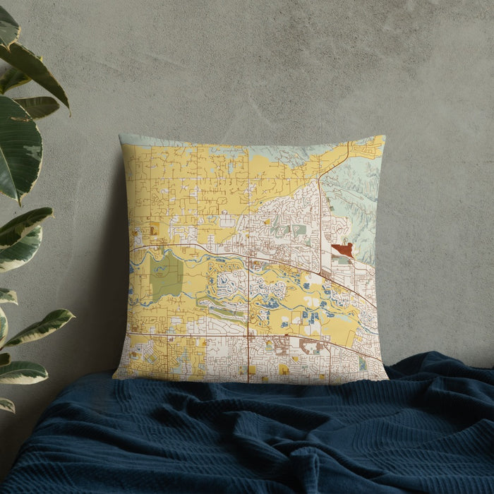 Custom Eagle Idaho Map Throw Pillow in Woodblock on Bedding Against Wall