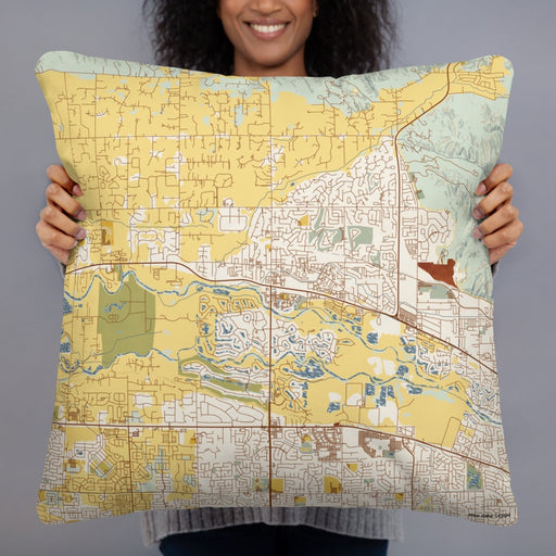 Person holding 22x22 Custom Eagle Idaho Map Throw Pillow in Woodblock