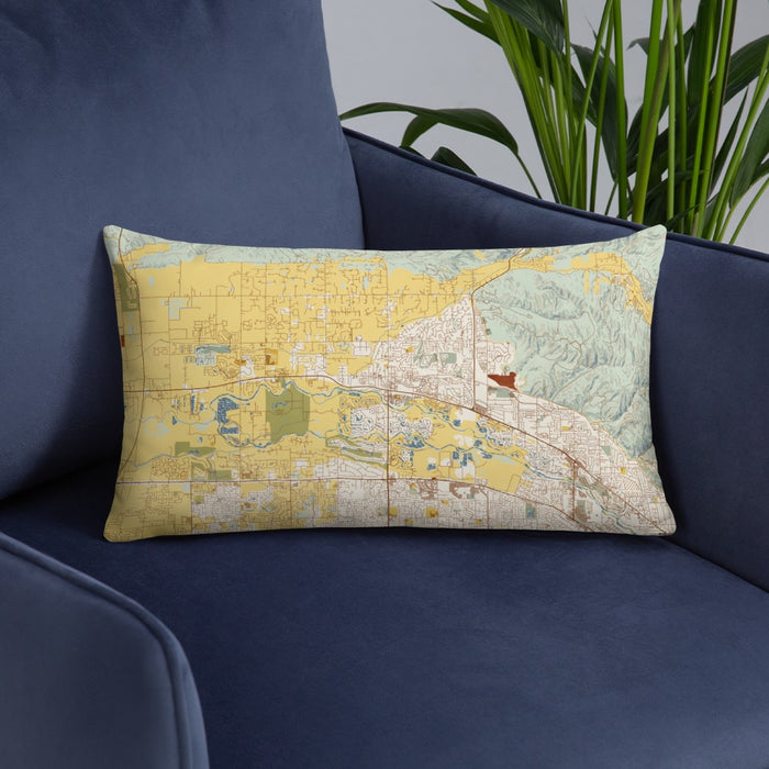 Custom Eagle Idaho Map Throw Pillow in Woodblock on Blue Colored Chair