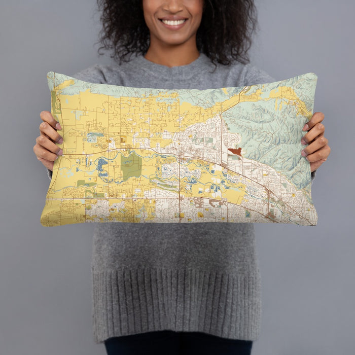 Person holding 20x12 Custom Eagle Idaho Map Throw Pillow in Woodblock