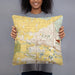 Person holding 18x18 Custom Eagle Idaho Map Throw Pillow in Woodblock