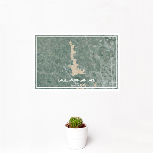 12x18 Eagle Mountain Lake Texas Map Print Landscape Orientation in Afternoon Style With Small Cactus Plant in White Planter