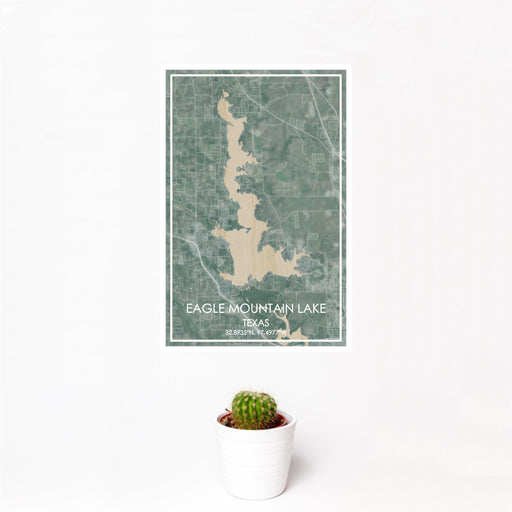 12x18 Eagle Mountain Lake Texas Map Print Portrait Orientation in Afternoon Style With Small Cactus Plant in White Planter