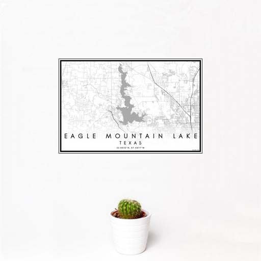 12x18 Eagle Mountain Lake Texas Map Print Landscape Orientation in Classic Style With Small Cactus Plant in White Planter