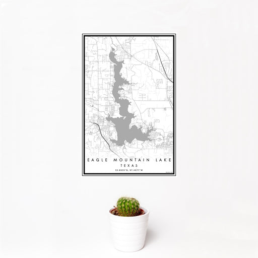 12x18 Eagle Mountain Lake Texas Map Print Portrait Orientation in Classic Style With Small Cactus Plant in White Planter