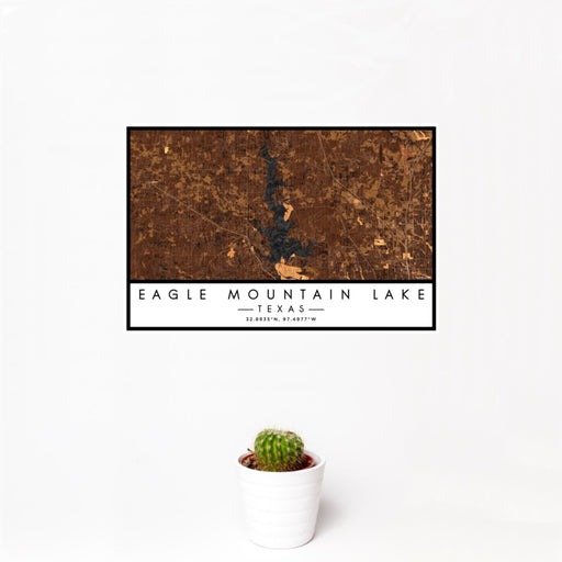 12x18 Eagle Mountain Lake Texas Map Print Landscape Orientation in Ember Style With Small Cactus Plant in White Planter