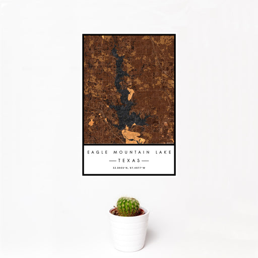 12x18 Eagle Mountain Lake Texas Map Print Portrait Orientation in Ember Style With Small Cactus Plant in White Planter