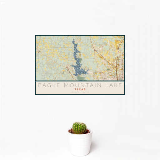 12x18 Eagle Mountain Lake Texas Map Print Landscape Orientation in Woodblock Style With Small Cactus Plant in White Planter