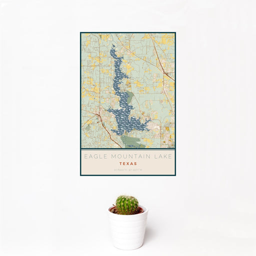 12x18 Eagle Mountain Lake Texas Map Print Portrait Orientation in Woodblock Style With Small Cactus Plant in White Planter