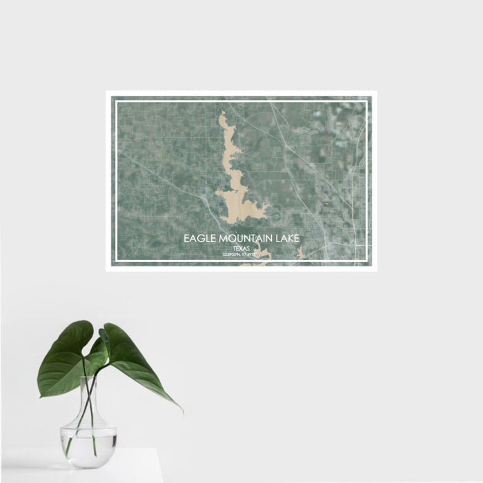 16x24 Eagle Mountain Lake Texas Map Print Landscape Orientation in Afternoon Style With Tropical Plant Leaves in Water