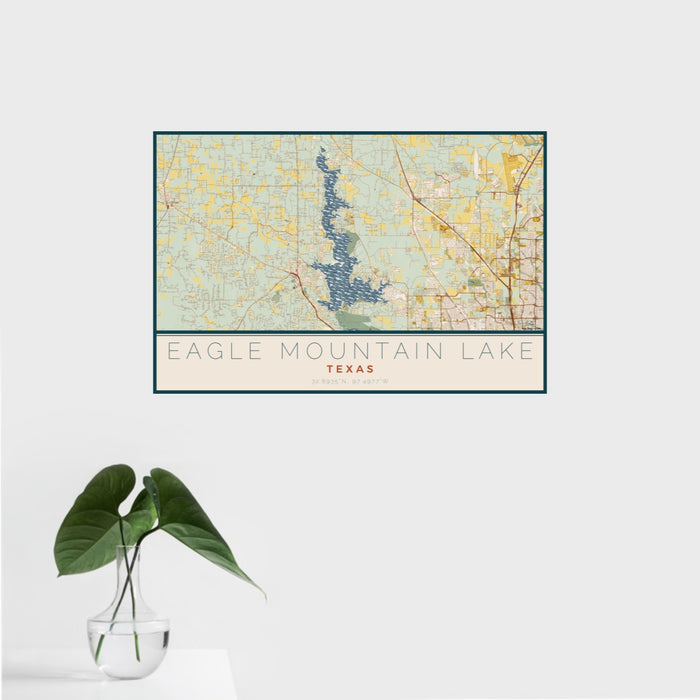 16x24 Eagle Mountain Lake Texas Map Print Landscape Orientation in Woodblock Style With Tropical Plant Leaves in Water