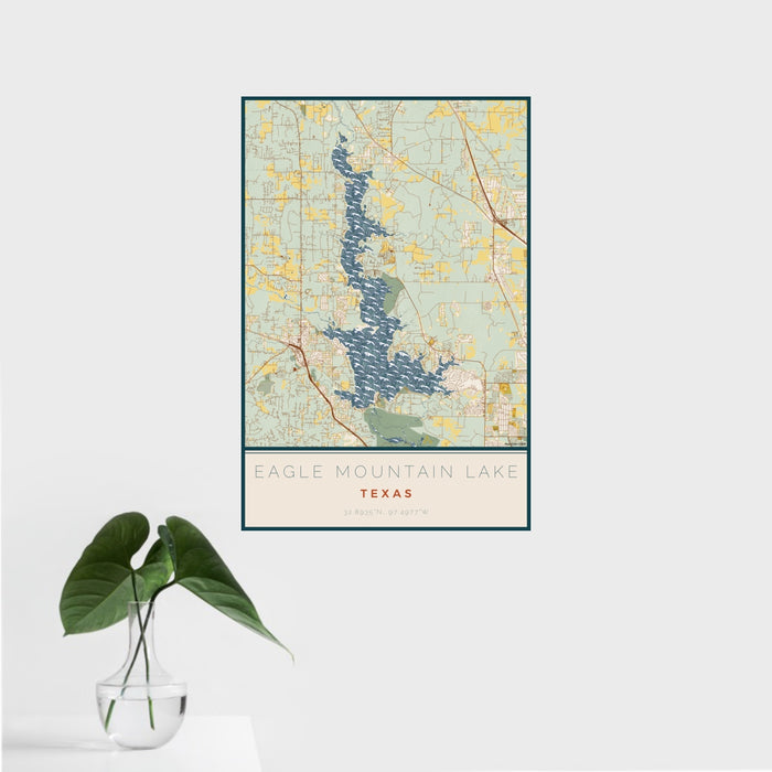 16x24 Eagle Mountain Lake Texas Map Print Portrait Orientation in Woodblock Style With Tropical Plant Leaves in Water