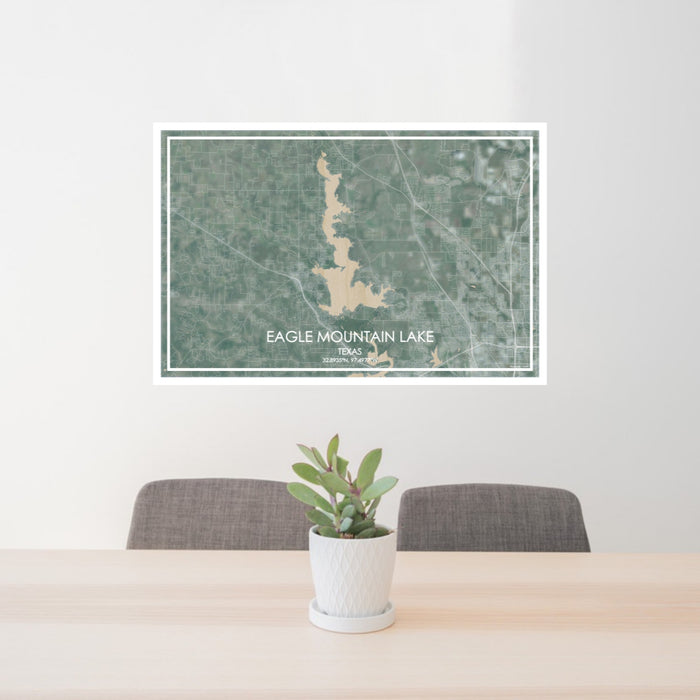 24x36 Eagle Mountain Lake Texas Map Print Lanscape Orientation in Afternoon Style Behind 2 Chairs Table and Potted Plant