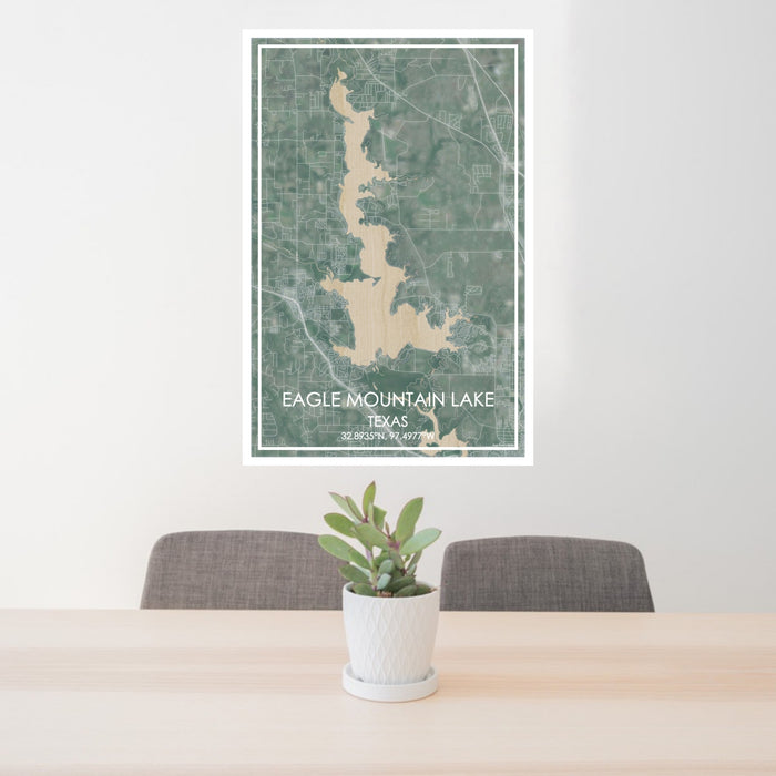 24x36 Eagle Mountain Lake Texas Map Print Portrait Orientation in Afternoon Style Behind 2 Chairs Table and Potted Plant