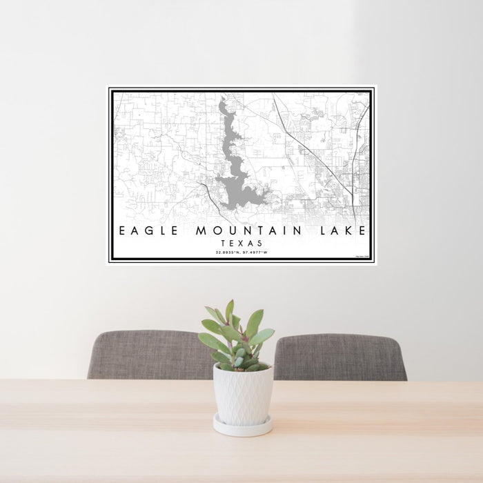 24x36 Eagle Mountain Lake Texas Map Print Lanscape Orientation in Classic Style Behind 2 Chairs Table and Potted Plant