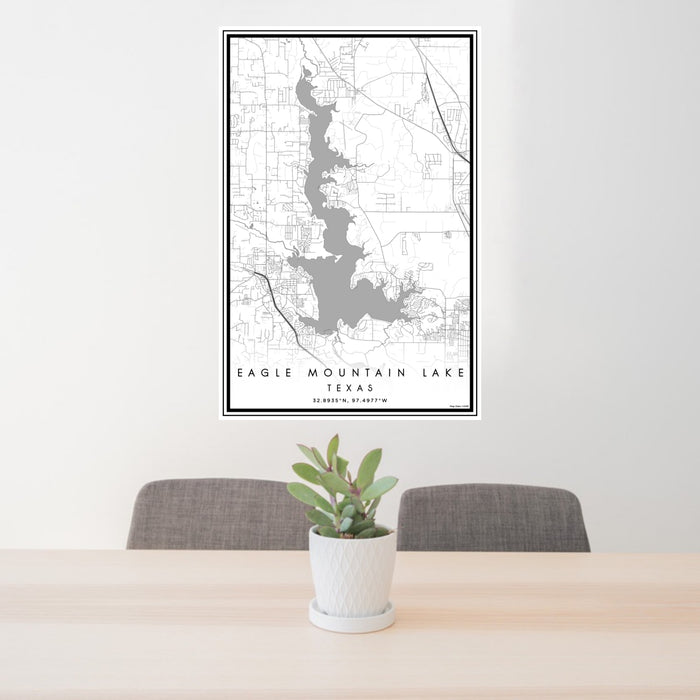 24x36 Eagle Mountain Lake Texas Map Print Portrait Orientation in Classic Style Behind 2 Chairs Table and Potted Plant