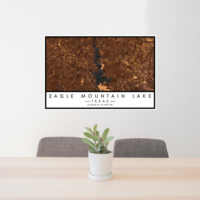 24x36 Eagle Mountain Lake Texas Map Print Lanscape Orientation in Ember Style Behind 2 Chairs Table and Potted Plant