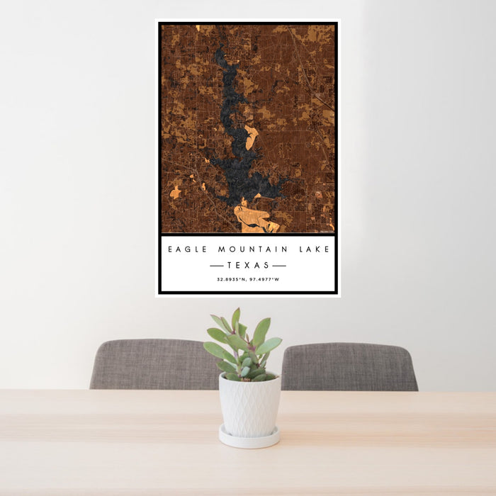 24x36 Eagle Mountain Lake Texas Map Print Portrait Orientation in Ember Style Behind 2 Chairs Table and Potted Plant