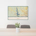 24x36 Eagle Mountain Lake Texas Map Print Lanscape Orientation in Woodblock Style Behind 2 Chairs Table and Potted Plant