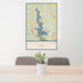 24x36 Eagle Mountain Lake Texas Map Print Portrait Orientation in Woodblock Style Behind 2 Chairs Table and Potted Plant