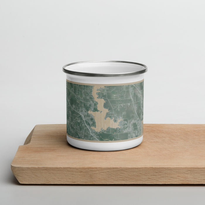 Front View Custom Eagle Mountain Lake Texas Map Enamel Mug in Afternoon on Cutting Board