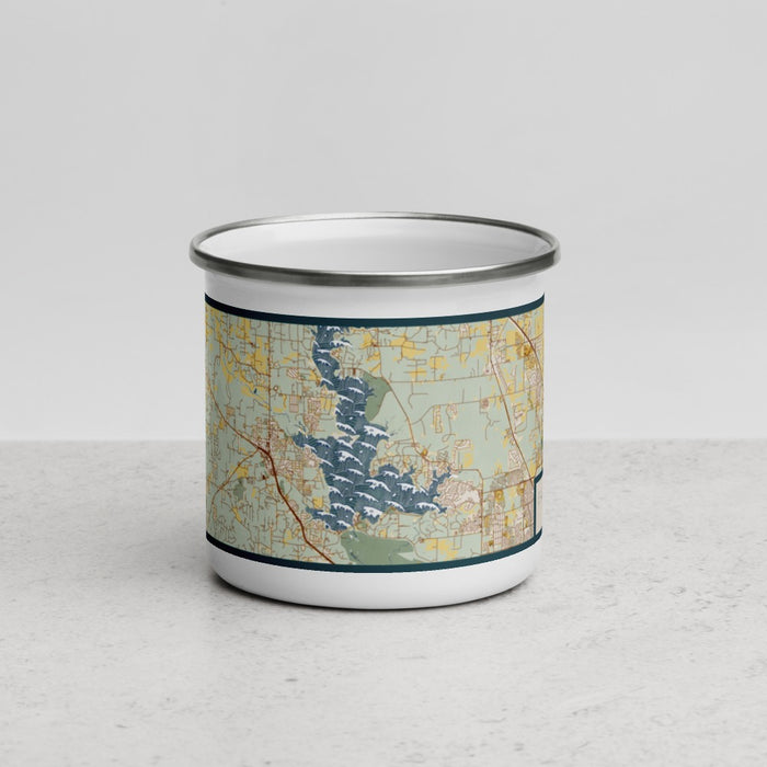 Front View Custom Eagle Mountain Lake Texas Map Enamel Mug in Woodblock