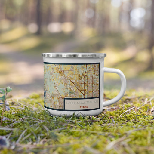 Right View Custom Eagle Mountain Lake Texas Map Enamel Mug in Woodblock on Grass With Trees in Background