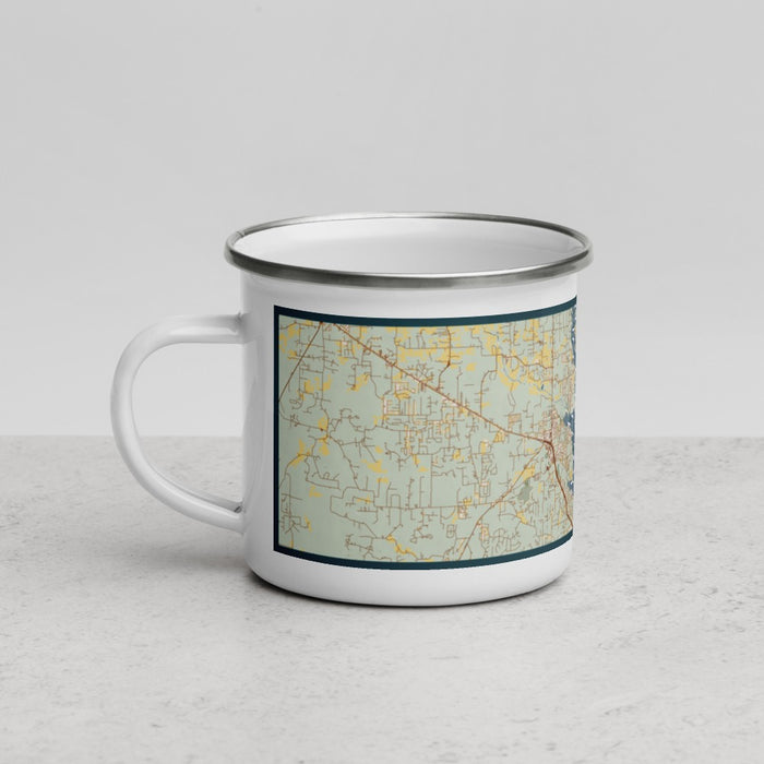 Left View Custom Eagle Mountain Lake Texas Map Enamel Mug in Woodblock