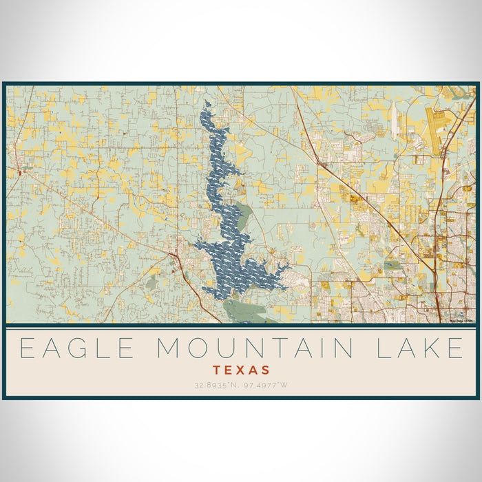 Eagle Mountain Lake Texas Map Print Landscape Orientation in Woodblock Style With Shaded Background