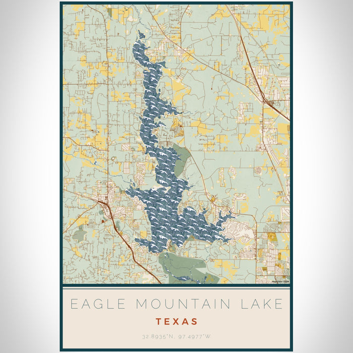 Eagle Mountain Lake Texas Map Print Portrait Orientation in Woodblock Style With Shaded Background