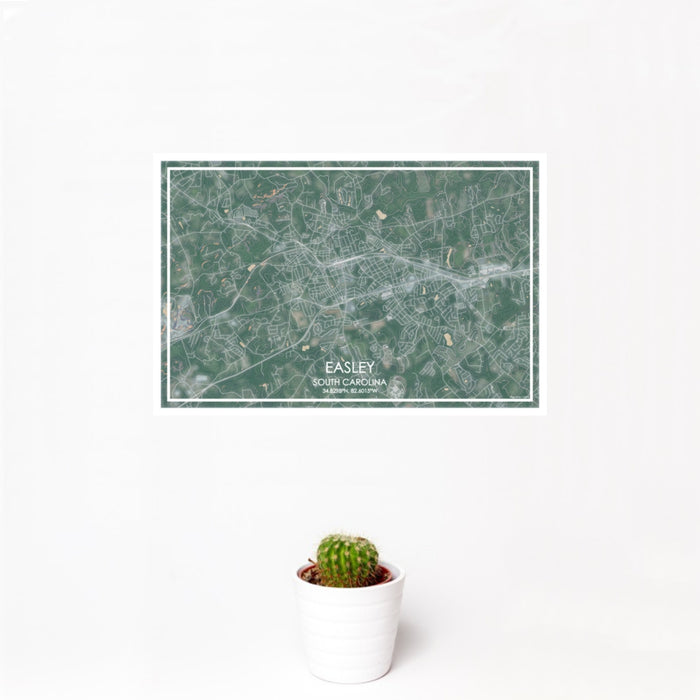 12x18 Easley South Carolina Map Print Landscape Orientation in Afternoon Style With Small Cactus Plant in White Planter