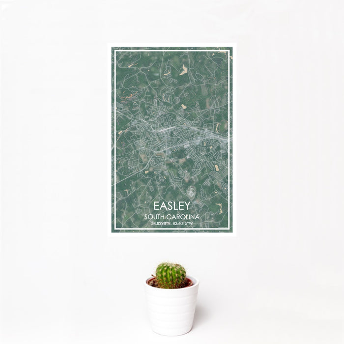 12x18 Easley South Carolina Map Print Portrait Orientation in Afternoon Style With Small Cactus Plant in White Planter