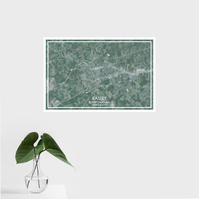 16x24 Easley South Carolina Map Print Landscape Orientation in Afternoon Style With Tropical Plant Leaves in Water
