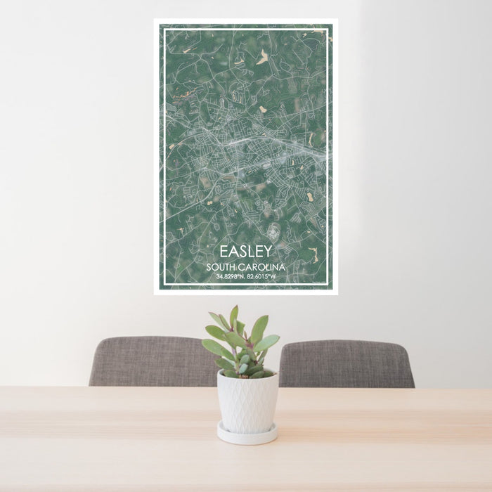 24x36 Easley South Carolina Map Print Portrait Orientation in Afternoon Style Behind 2 Chairs Table and Potted Plant