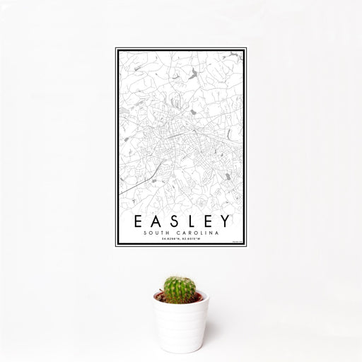 12x18 Easley South Carolina Map Print Portrait Orientation in Classic Style With Small Cactus Plant in White Planter