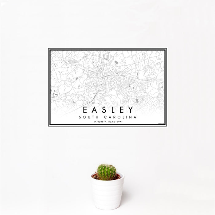 12x18 Easley South Carolina Map Print Landscape Orientation in Classic Style With Small Cactus Plant in White Planter