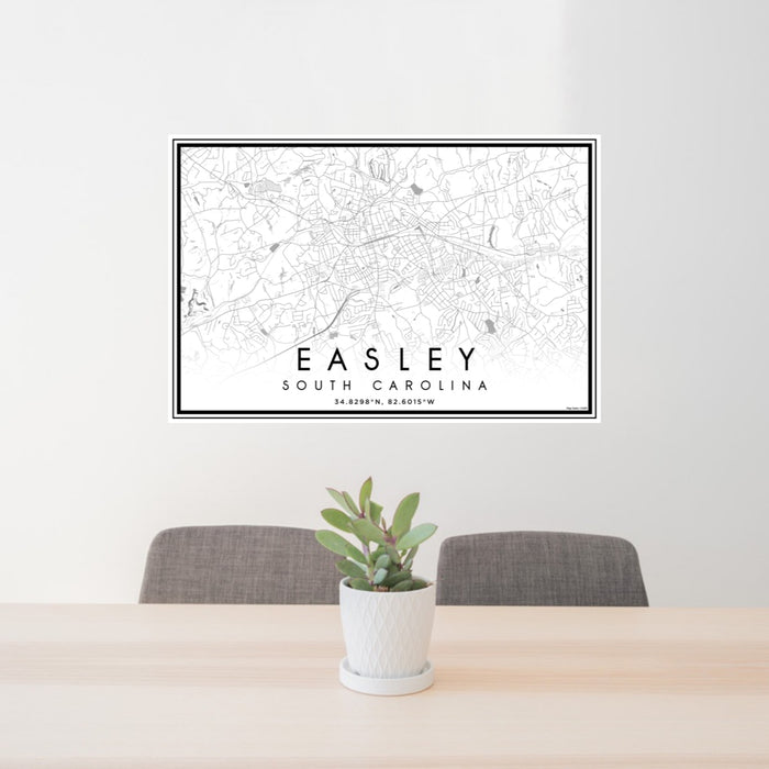 24x36 Easley South Carolina Map Print Landscape Orientation in Classic Style Behind 2 Chairs Table and Potted Plant