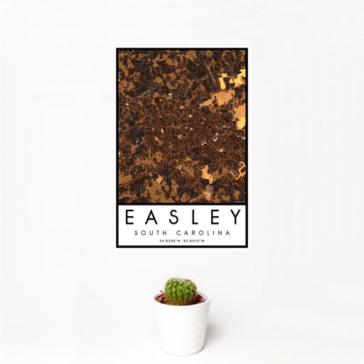 12x18 Easley South Carolina Map Print Portrait Orientation in Ember Style With Small Cactus Plant in White Planter