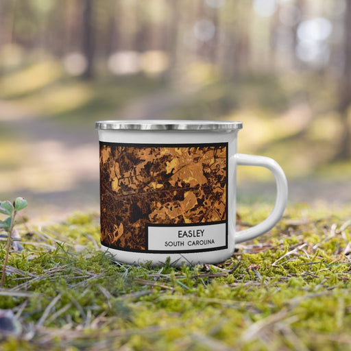 Right View Custom Easley South Carolina Map Enamel Mug in Ember on Grass With Trees in Background
