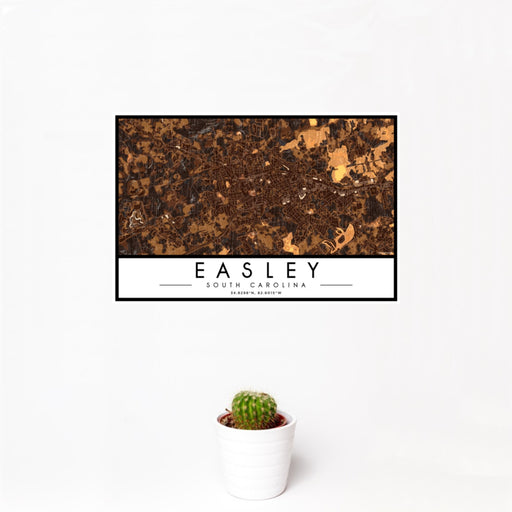 12x18 Easley South Carolina Map Print Landscape Orientation in Ember Style With Small Cactus Plant in White Planter