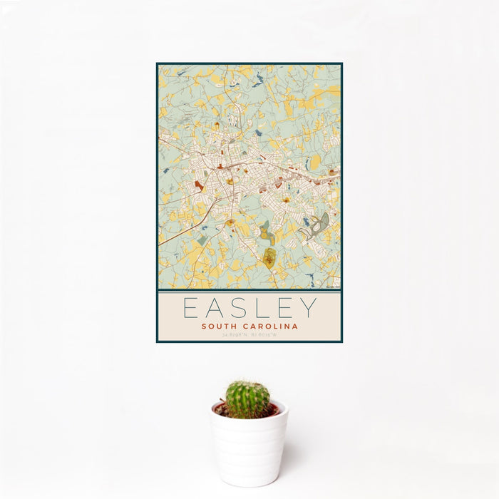 12x18 Easley South Carolina Map Print Portrait Orientation in Woodblock Style With Small Cactus Plant in White Planter