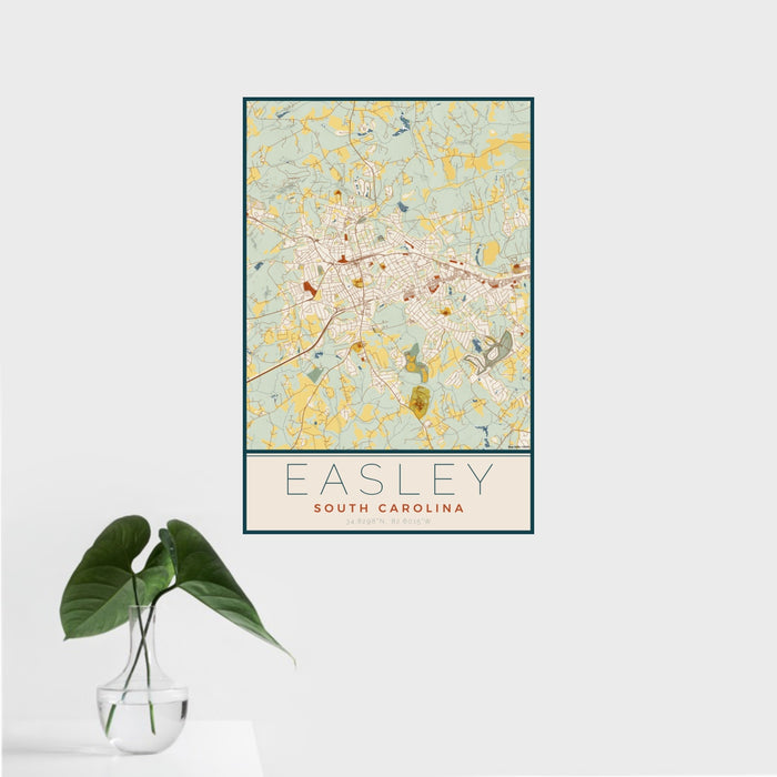 16x24 Easley South Carolina Map Print Portrait Orientation in Woodblock Style With Tropical Plant Leaves in Water
