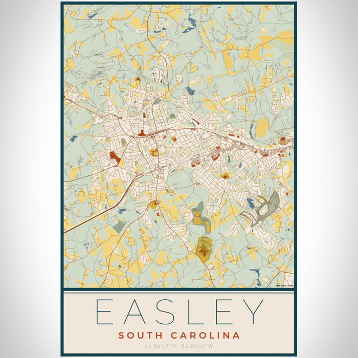 Easley South Carolina Map Print Portrait Orientation in Woodblock Style With Shaded Background