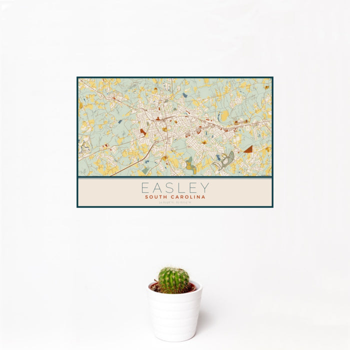12x18 Easley South Carolina Map Print Landscape Orientation in Woodblock Style With Small Cactus Plant in White Planter