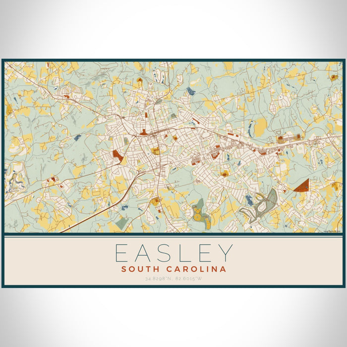 Easley South Carolina Map Print Landscape Orientation in Woodblock Style With Shaded Background