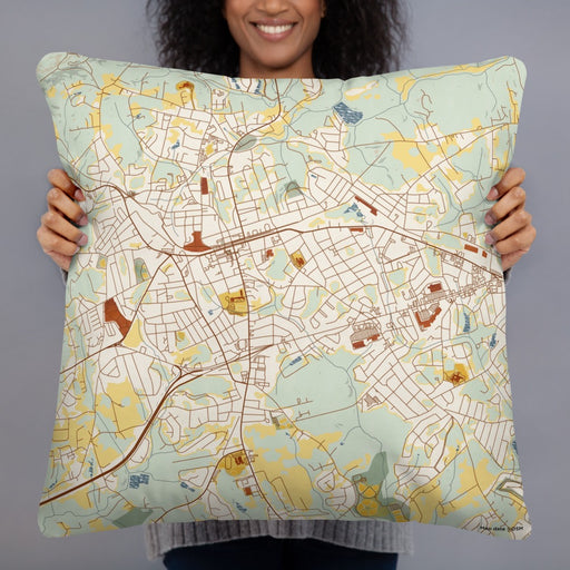 Person holding 22x22 Custom Easley South Carolina Map Throw Pillow in Woodblock