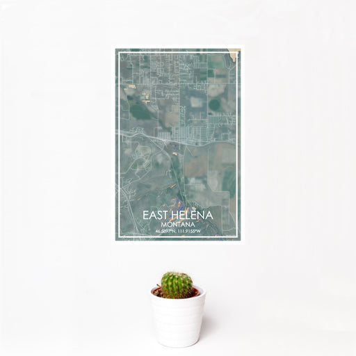 12x18 East Helena Montana Map Print Portrait Orientation in Afternoon Style With Small Cactus Plant in White Planter